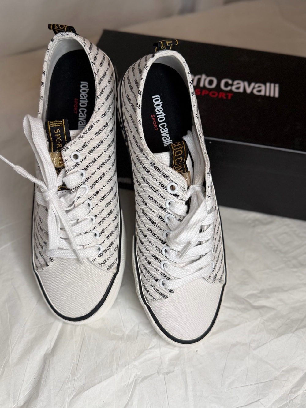 Roberto Cavalli White and Black Branded Low-Top Sneakers